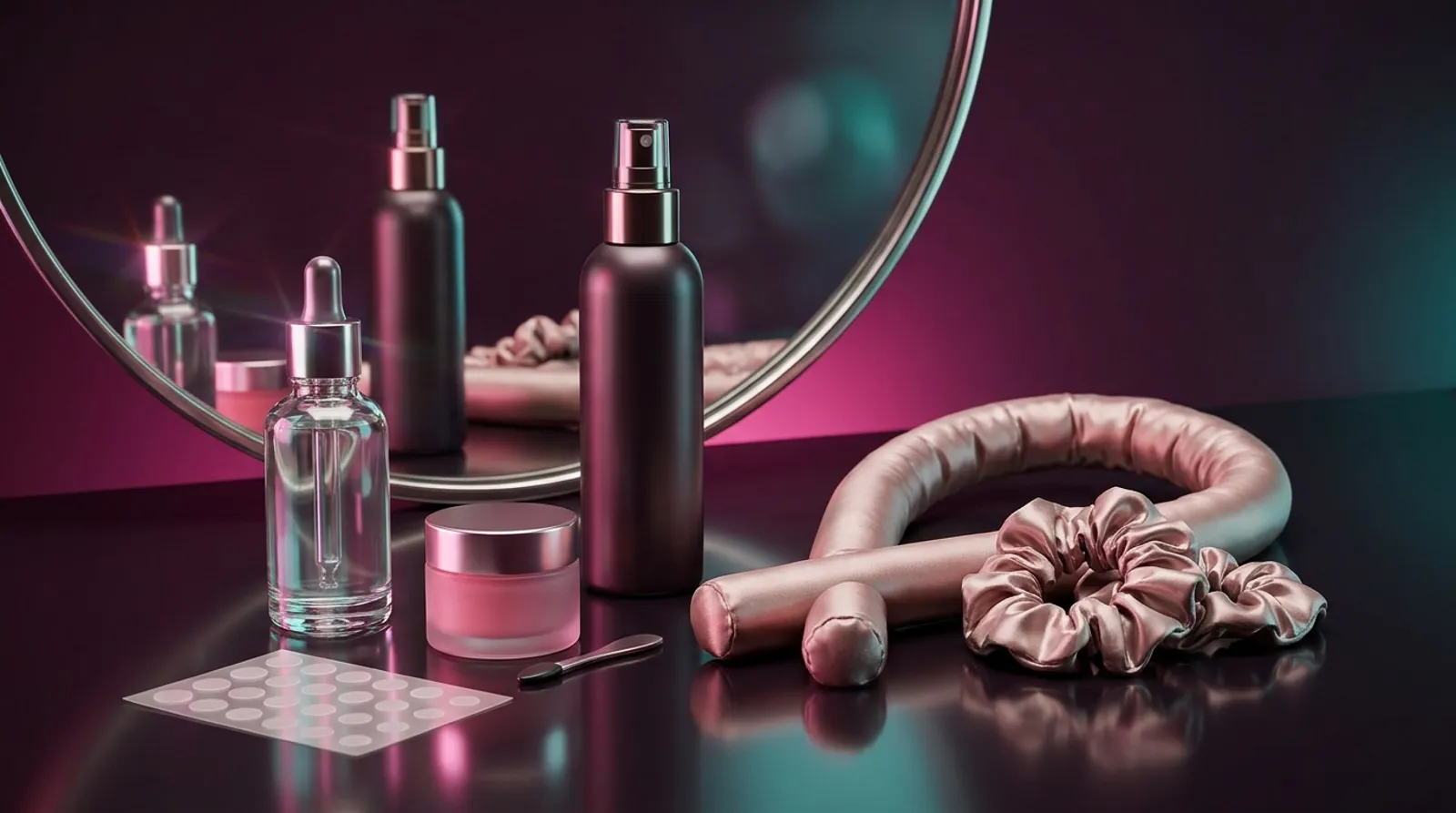 Tocador con productos de cuidado de la piel y del cabello iluminados con luz cálida