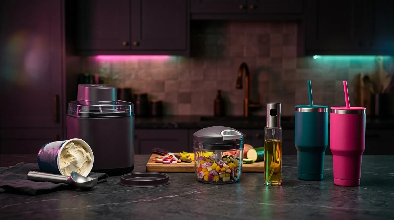 Encimera de cocina moderna con máquina de helados, picador de verduras y vasos térmicos